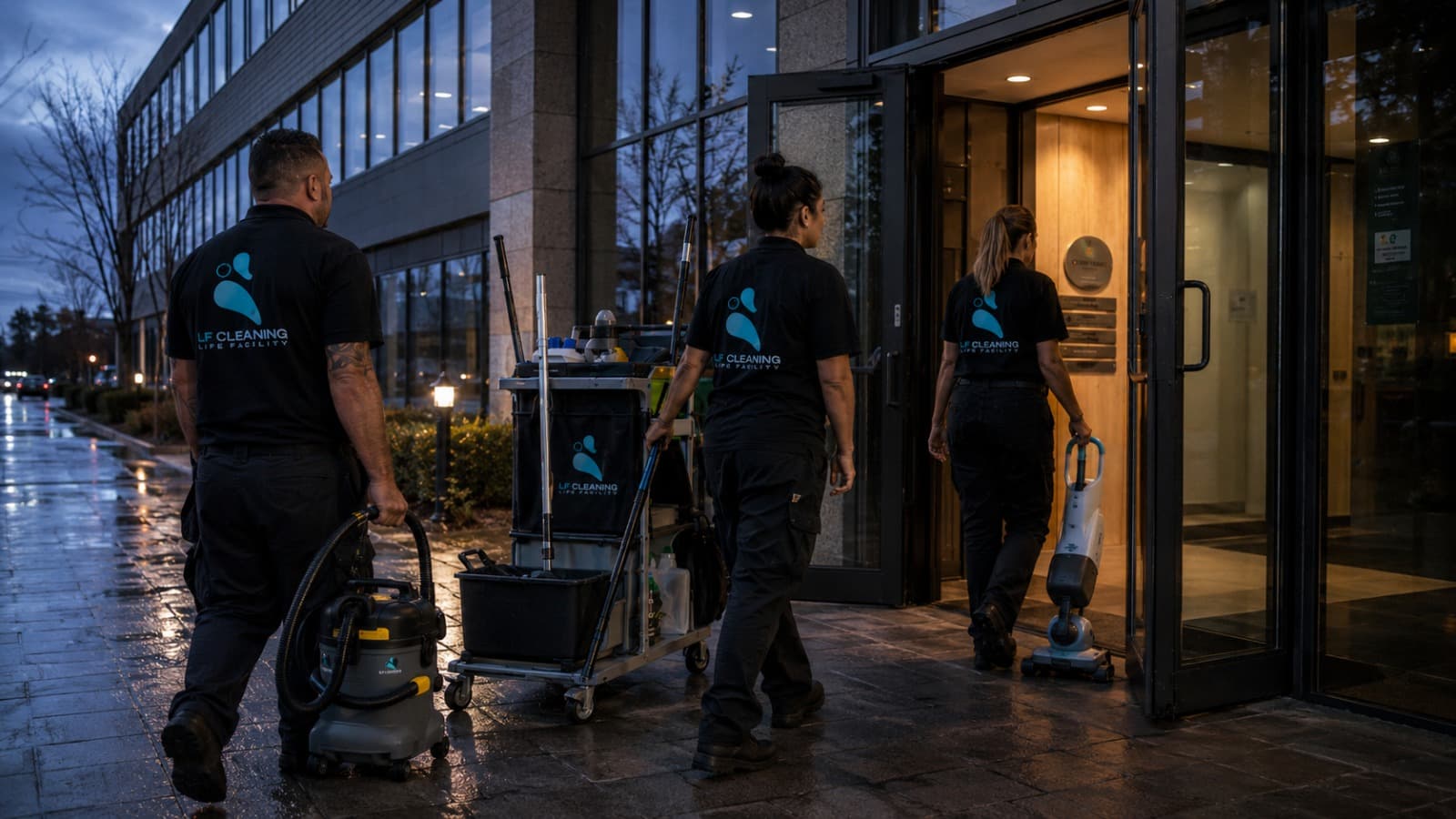 Équipe LF Cleaning arrivant sur site à l'aube avec son matériel