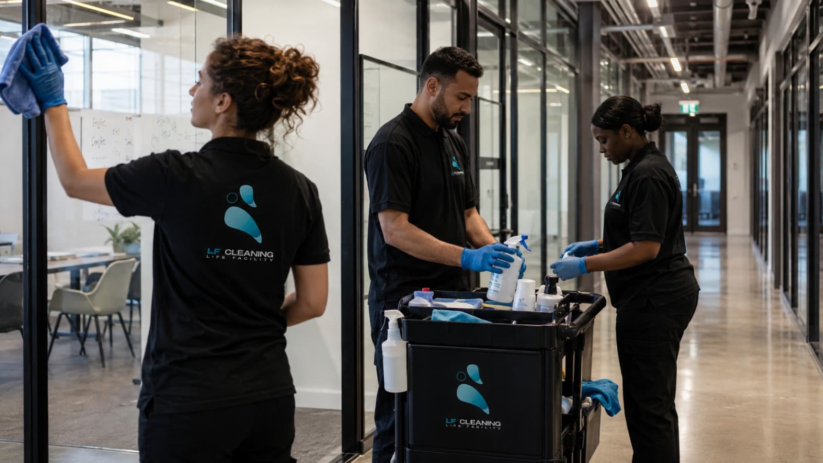 Équipe LF Cleaning entretenant les cloisons vitrées d'un couloir de bureaux