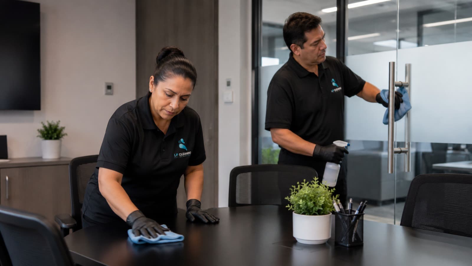 Deux agents LF Cleaning en polo noir entretenant une salle de réunion