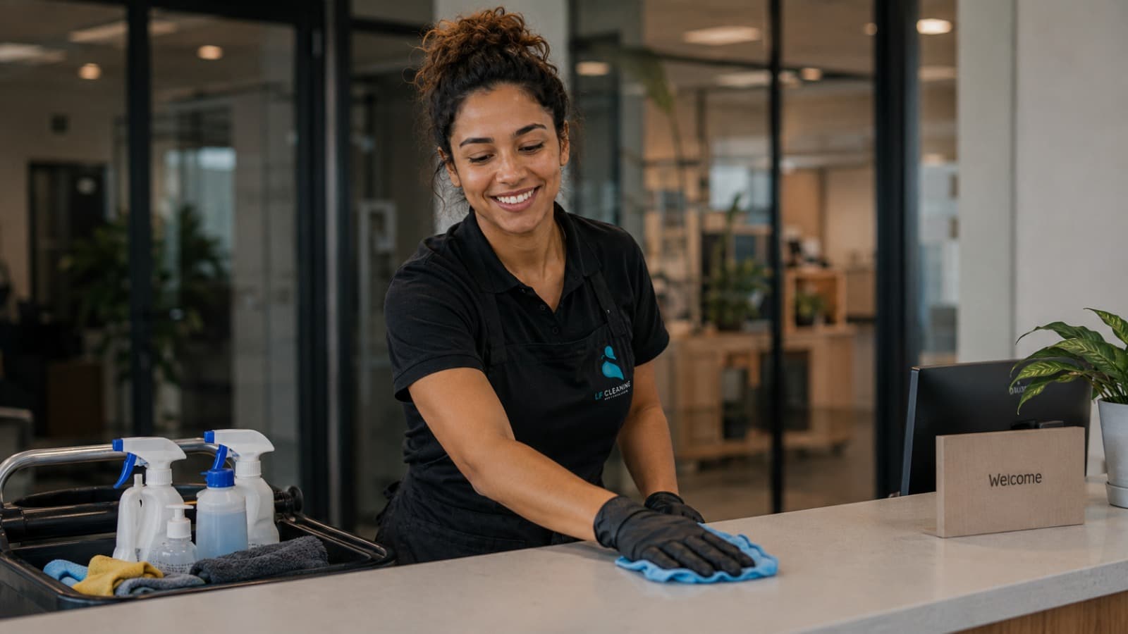 Agente LF Cleaning entretenant l'accueil d'un immeuble de bureaux