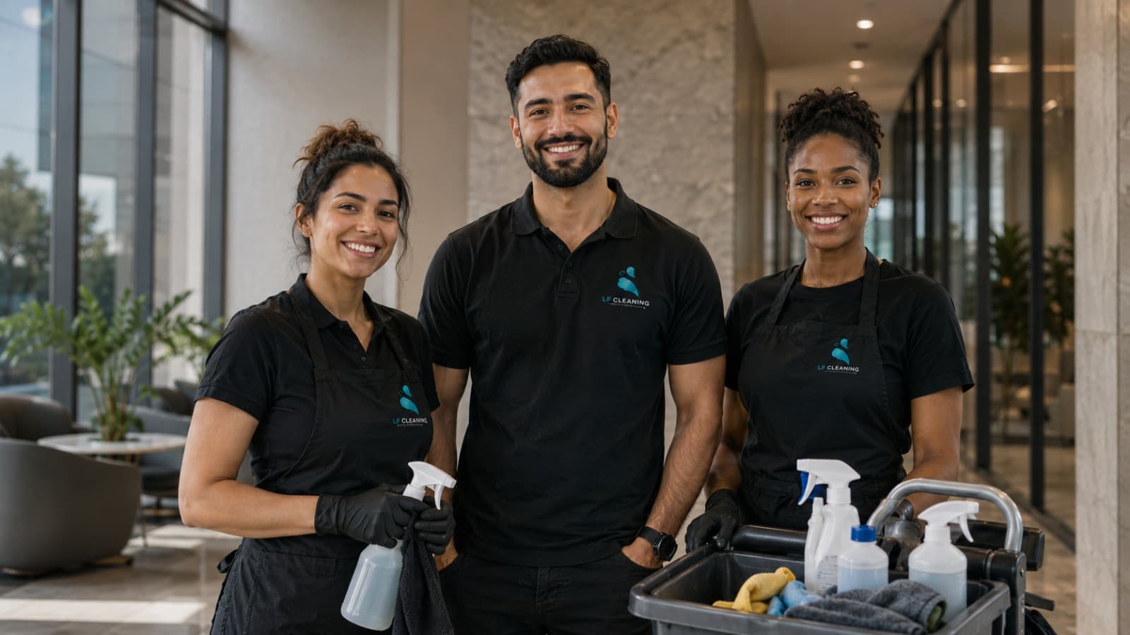 L'équipe LF Cleaning en uniforme dans le hall d'un immeuble
